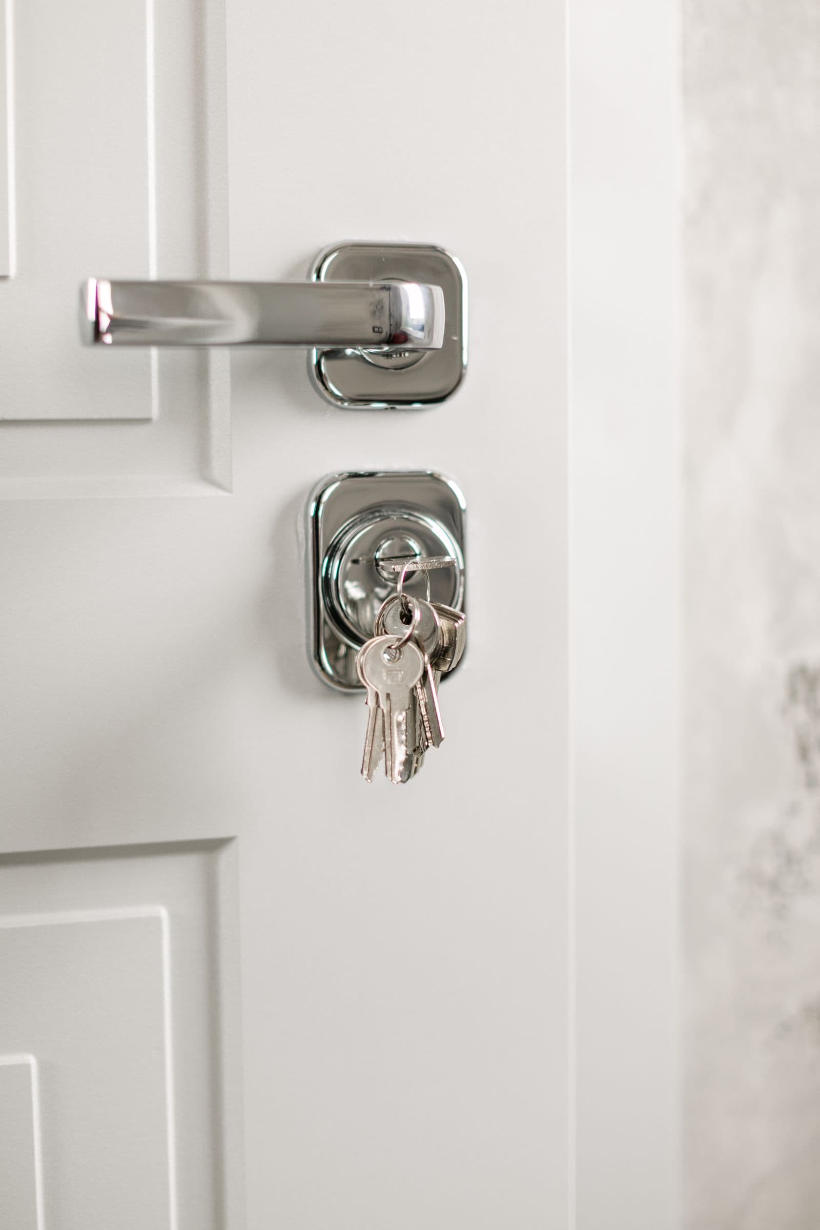 Modern silver door handle with keys in the new lock